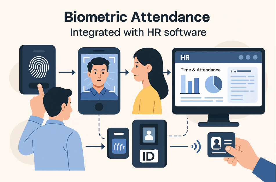 ระบบ HR เชื่อมต่อกับ Biometric (ลายนิ้วมือ/ใบหน้า/บัตร) เพื่อบันทึกเวลาเข้าออก